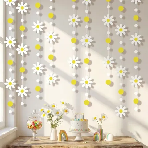 Daisy Paper Garland Banner Yellow White Circle Dots Hanging Decorations For Birthday Party Room Wall Decor