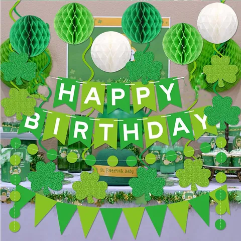 Set di Decorazioni per Festa di Compleanno Verde Con Stendardo di Foglie di Monstera Palline a Nido d'Ape e Spirali Sospese
