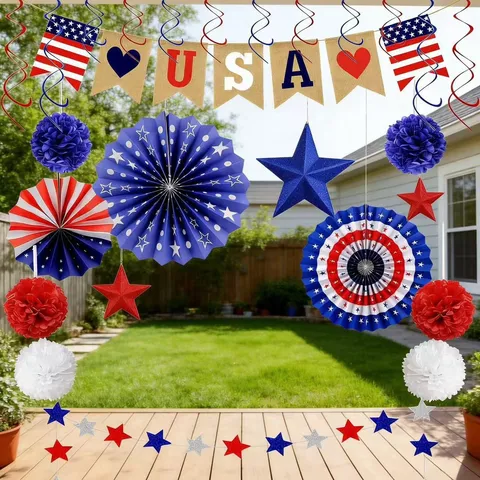 Set di Decorazioni per Feste del Giorno dell'Indipendenza Americana Bandera USA Ventagli di Carta Festone Spirali