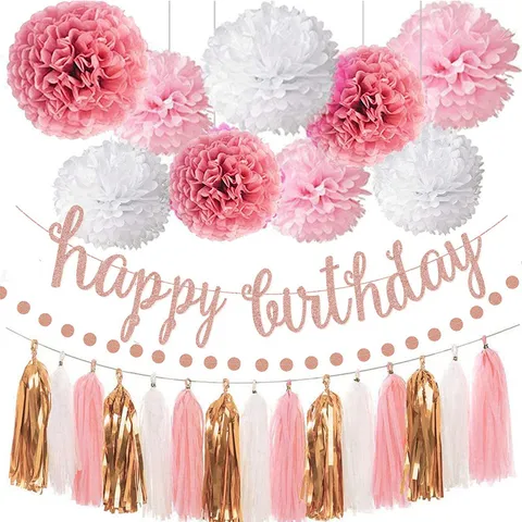 Decorazioni per Festa di Compleanno in Oro Rosa Banner Buon Compleanno Pom Pom di Carta Nappe Ghirlanda Set Per Eventi di Celebrazione