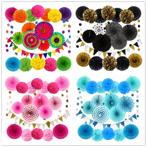 Paper Fan Flowers Honeycomb Balls Bunting Flags Party Decoration Set Wedding Birthday Celebration Hanging Ornaments