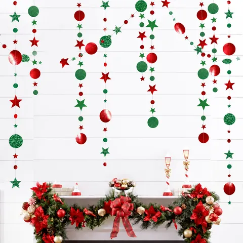 Ghirlanda Sospesa per Festa di Natale Stelle Glitterate Rosse Verdi Dorate Punti di Carta Rotondi Bandiera Decorazione per la Casa