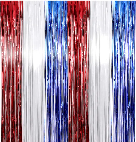 Tenda di Orpello Rosso Bianco e Blu Sfondo in Pellicola Metallica per Decorazioni di Festa del Giorno dell'Indipendenza Arredamento