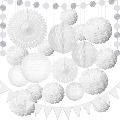 White Paper Fans Lanterns Honeycomb Balls Flower Balls Bunting Banner Set For Wedding Birthday Party Background Decor