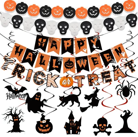 Striscione Decorativo per Feste di Halloween Trick Or Treat Zucca Fantasma Spirali Sospese Forniture per Decorazioni