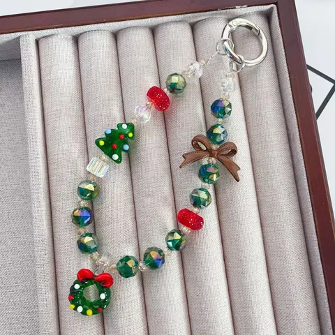 Christmas Tree Series Glass Bead Phone Chain Wreath Bowknot Bag Key Pendant Holiday Fashion Jewelry Accessory