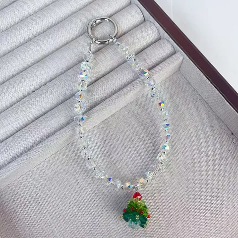Crystal Beaded Mobile Phone Chain Christmas Tree Pendant Bag Charm Luxury Beaded Wrist Strap Phone Lanyard Jewelry