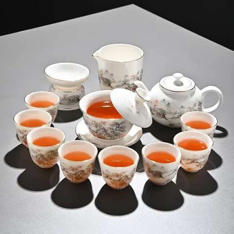 Service à Thé Kung Fu en Céramique de Style Chinois Luxe Porcelaine Bordure Dorée Théière Gaiwan Tasses Salon Vaisselle à Thé