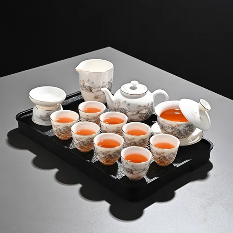 Service à Thé Kung Fu en Céramique de Style Chinois Luxe Porcelaine Bordure Dorée Théière Gaiwan Tasses Salon Vaisselle à Thé