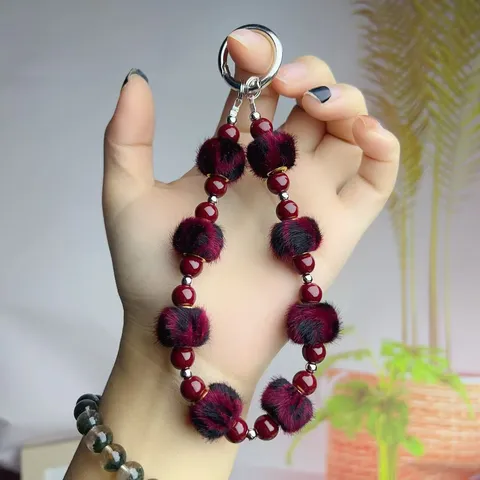 Vintage Burgundy Plush Ball Phone Chain Beaded Bracelet Bag Keychain Charm Elegant Women Jewelry Gift