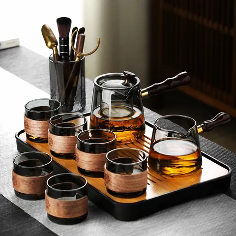 High Borosilicate Glass Heat Resistant Kung Fu Tea Set With Wooden Handle Office Living Room Tea Maker Tea Pot And Cups