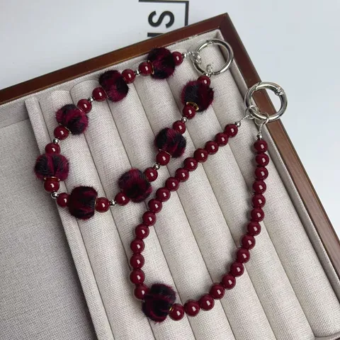 Vintage Burgundy Plush Ball Phone Chain Beaded Bracelet Bag Keychain Charm Elegant Women Jewelry Gift