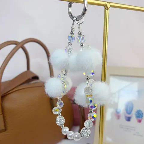 Original Autumn Winter Niche Plush Pom Pom Crystal Phone Chain Handheld Lanyard Cute Keychain Earphone Pendant Chain Jewelry