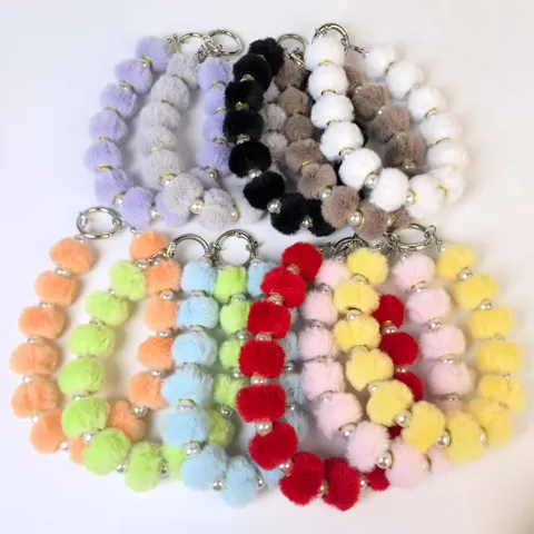 Fluffy Plush Pom Pom Phone Charm Cute Faux Pearl Beaded Strap Bag Pendant Key Chain Handbag Purse Accessory For Women