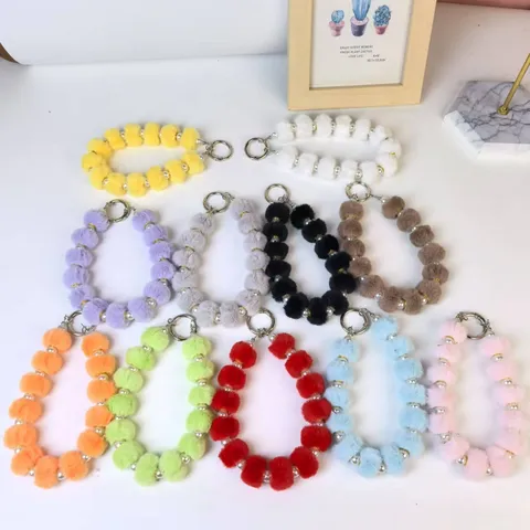 Fluffy Plush Pom Pom Phone Charm Cute Faux Pearl Beaded Strap Bag Pendant Key Chain Handbag Purse Accessory For Women