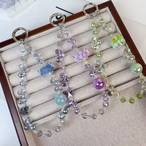 Handmade Crystal Beaded Phone Chain Rose Flower Bag Charm Cute Butterfly Pendant Keychain Accessories