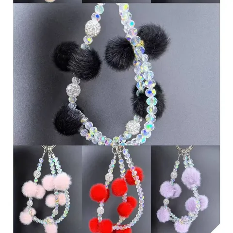 Fashion Crystal Beaded Phone Chain Cute Plush Ball Wrist Strap Elegant Handbag Hanging Ornament Decorative Accessory