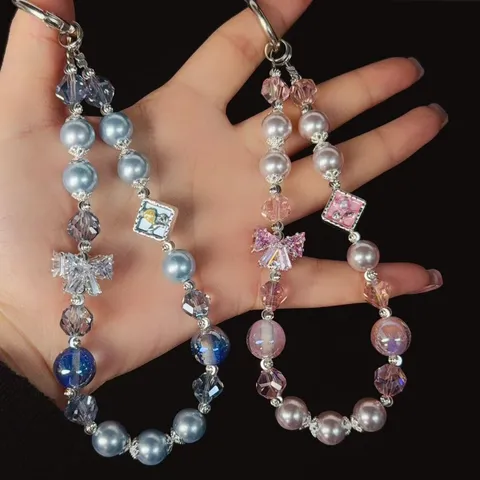 Crystal Beaded Phone Charm Wrist Strap With Artificial Pearl Zirconia Butterfly Cute Mobile Phone Chain For Women