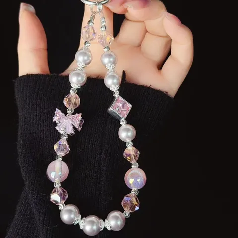 Crystal Beaded Phone Charm Wrist Strap With Artificial Pearl Zirconia Butterfly Cute Mobile Phone Chain For Women