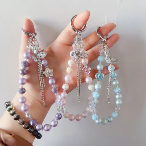 Fashion Crystal Beaded Phone Chain Cute Bow Rhinestone Pendant Bag Charm Key Chain Strap For Women