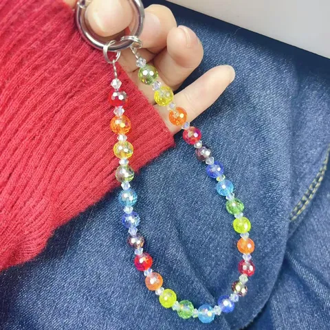 Handmade Beaded Phone Chain Crystal Rainbow Flower Ball Wrist Strap Keychain Bag Charm Decorative Mobile Phone Lanyard