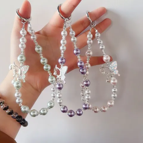 Ins Style Artificial Pearl Bowknot Keychain Phone Charm Cute Bag Pendant Hand Strap Decorative Accessory