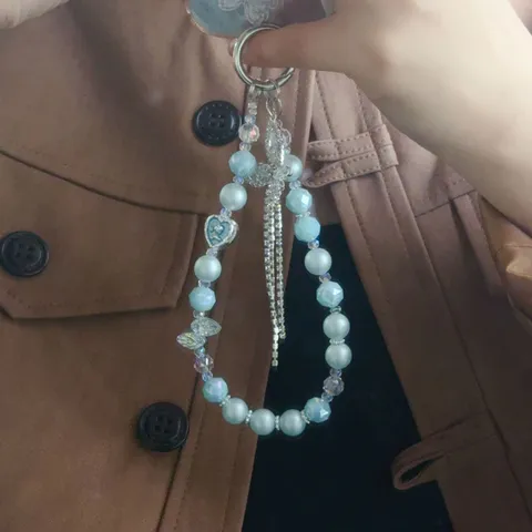 Fashion Crystal Beaded Phone Chain Cute Bow Rhinestone Pendant Bag Charm Key Chain Strap For Women