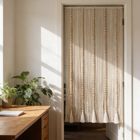 Handgefertigter Gewebter Baumwollkordel Holzperlen Quasten Türvorhang Raumteiler Boho Heimdeko