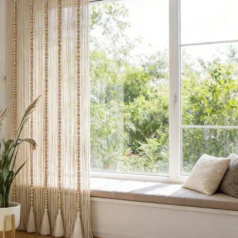 Handgefertigter Gewebter Baumwollkordel Holzperlen Quasten Türvorhang Raumteiler Boho Heimdeko