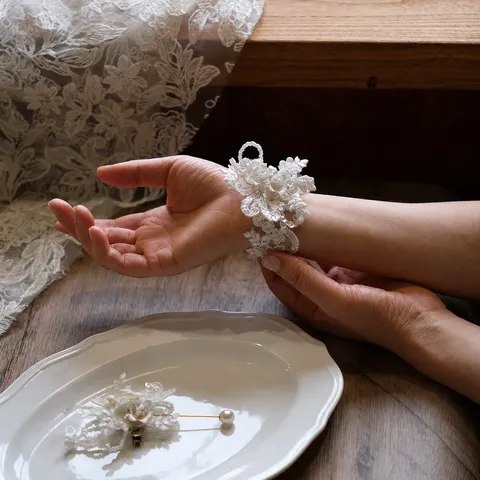 White Lace Wedding Boutonniere Wrist Corsage Pearl Bowknot Floral Accessories