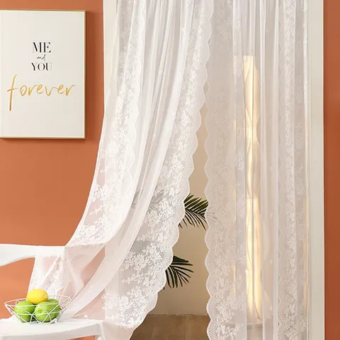 French Romantic Lace Door Curtain Sheer Bedroom Partition Jacquard Tulle Curtain With Rod Pocket Home Decor