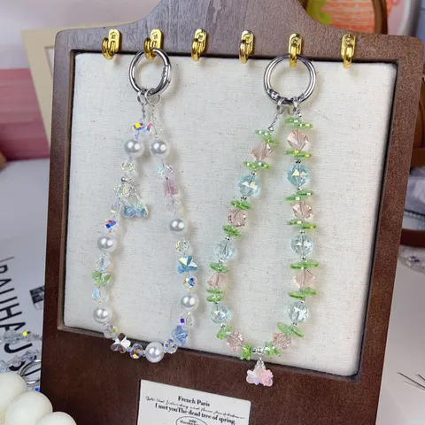 Luxurious Crystal Artificial Pearl Phone Chain Beaded Bag Charm Wrist Strap Cute Butterfly Key Chain Women Jewelry