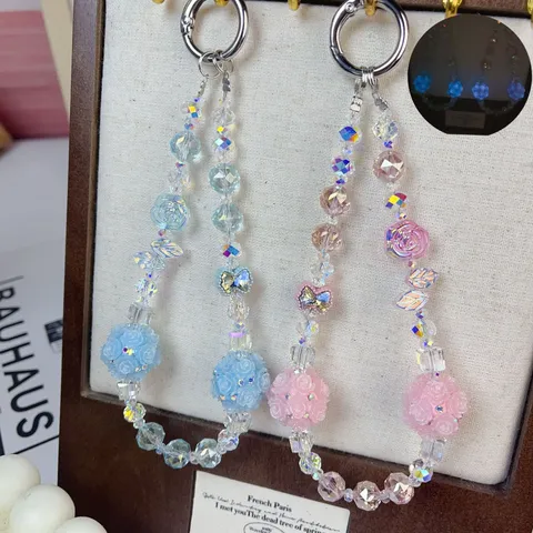 Crystal Beaded Phone Chain Lanyard Cute Rose Flower Ball Bag Pendant Accessories Women Fashion Key Chain Handbag Charm