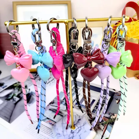 Sweet Bow Heart Keychain Resin Bag Pendant Braided Rope Bag Hanging Ornament Fashion Purse Charm Car Key Ring Gift