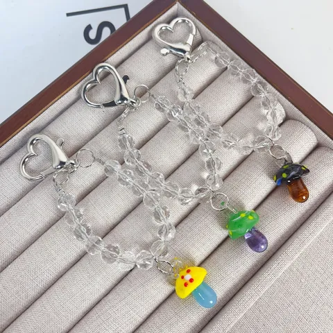 Handmade Crystal Glass Mushroom Phone Charm Transparent Beaded Lanyard Cute Aesthetic Phone Strap For Women Bag Hanging Jewelry