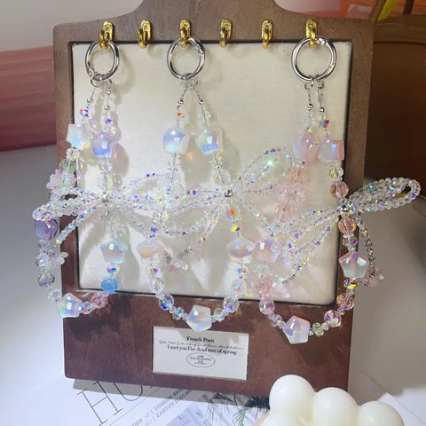 Handmade Crystal Bow Pentagram Phone Chain Ins Style Beaded Wrist Keychain Cute Phone Charm Bag Pendant Jewelry