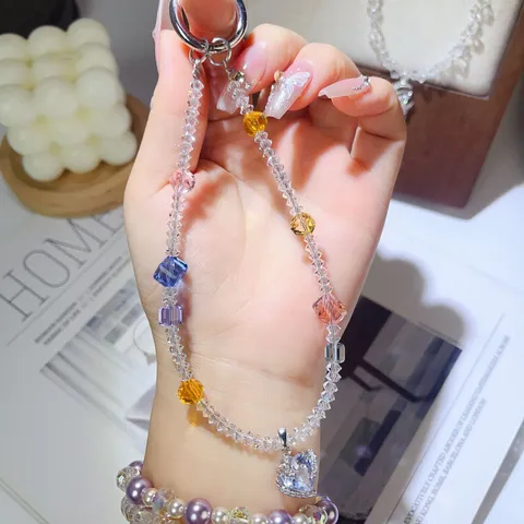 Handmade Colorful Crystal Zircon Heart Phone Chain Bag Pendant Car Hanging Ornament Cute Crystal Beaded Charm Jewelry