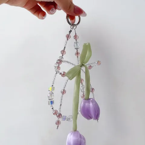 Creative Tulip Beaded Phone Charm Cute Bag Pendant Crystal Keychain Women Handbag Accessory Phone Charm Gift