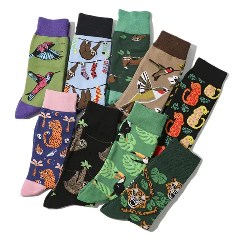 Unisex Cotton Blend Crew Socks Cartoon Animal Tropical Bird Sloth Print Fashionable Breathable Mid-Tube Casual Socks For Men Women