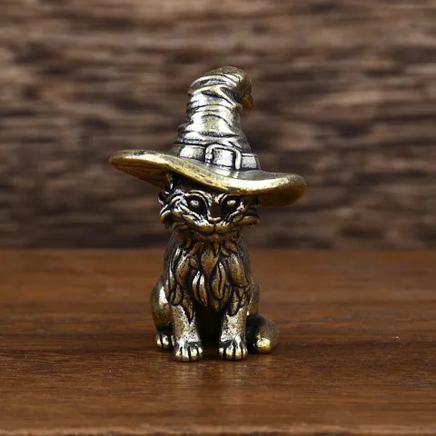 Solid Brass Magic Cat Wizard Hat Miniature Ornament Retro Pure Copper Tea Pet Sculpture Desktop Decorative Figurine For Office