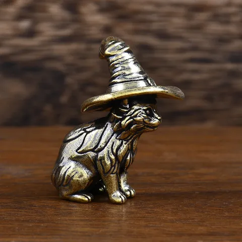 Solid Brass Magic Cat Wizard Hat Miniature Ornament Retro Pure Copper Tea Pet Sculpture Desktop Decorative Figurine For Office