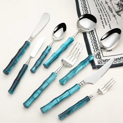 Stainless Steel Steak Knife Fork Spoon Set Luxury Bamboo Shape Handle Western Tableware Kitchen Dinnerware