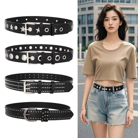 Damen Punk Nieten PU Leder Gürtel Casual Metall Öse Stern Design Jeans Hose Gürtel Schwarzer Taillenbund