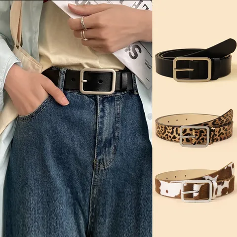 Women Fashion Minimalist PU Leather Belt Rectangular Pin Buckle Thin Waist Belt Casual Dress Jeans Belt Accessory
