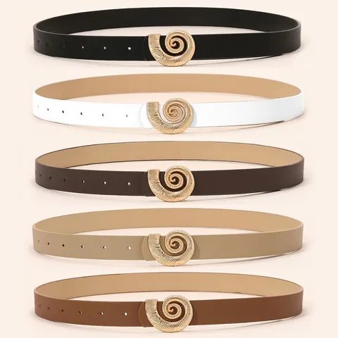 Women Fashion PU Leather Belt Elegant Casual Metal Spiral Shell Buckle Waist Belt Daily Commute Dress Jeans Belt