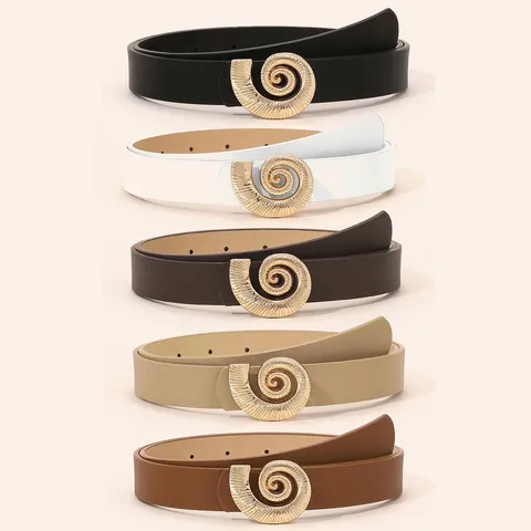 Women Fashion PU Leather Belt Elegant Casual Metal Spiral Shell Buckle Waist Belt Daily Commute Dress Jeans Belt