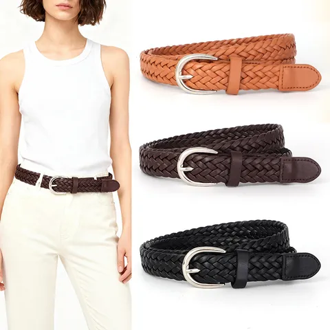 Damen Retro Gewebter PU-Ledergürtel Lässig Mode Kleid Jeans Dünner Bund Mit Legierung Dornschließe