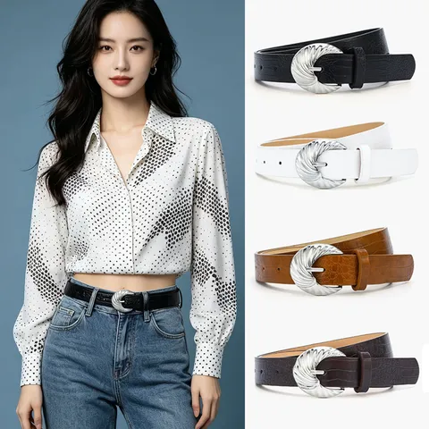 Women Fashion Crocodile Pattern PU Leather Skinny Belt Retro Metal Buckle Casual Jeans Decorative Waist Belt