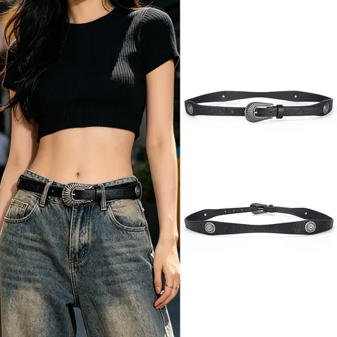 Women Western Style PU Leather Belt Retro Vintage Metal Buckle Casual Jeans Decorative Waist Belt Fashion Accessories
