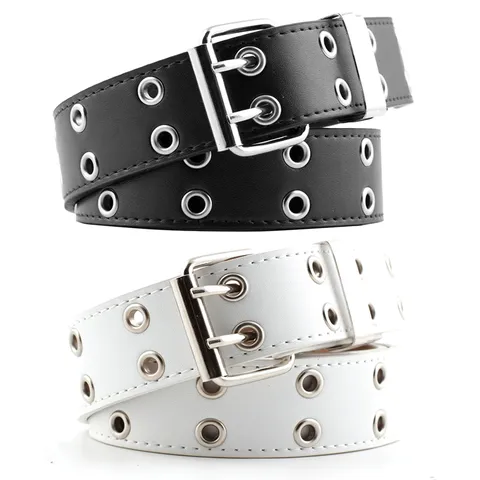 Punk Style Double Row Eyelet PU Leather Belt For Women Fashion Jeans Wide Waist Belt With Metal Chain Gothic